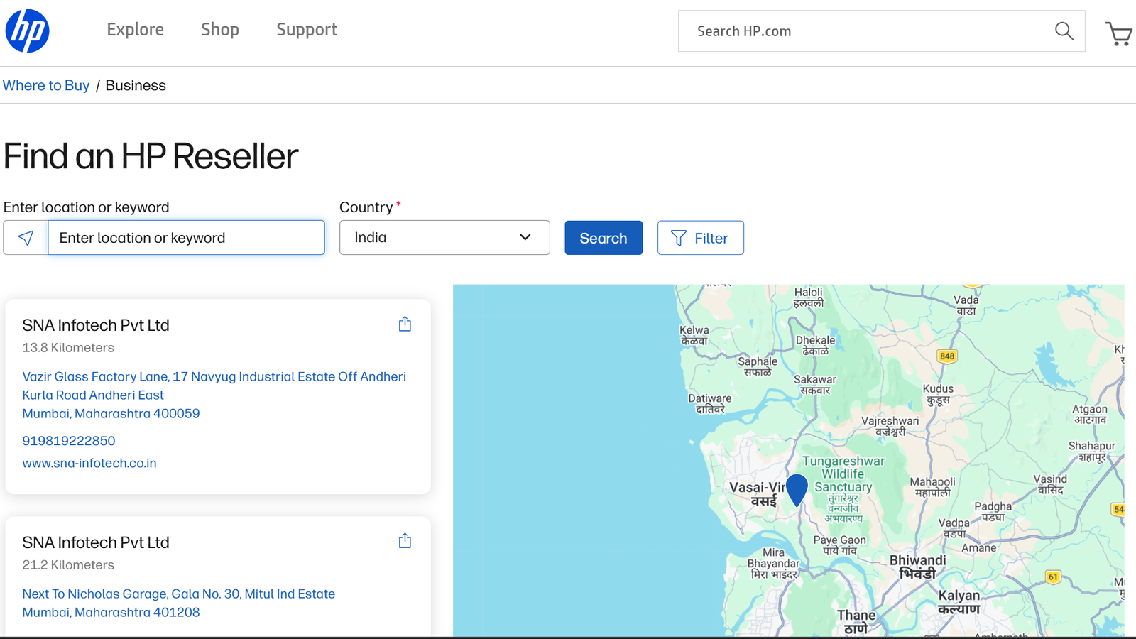 SNA Infotech Pvt Ltd listing on HP's official Find an HP Reseller locator, India